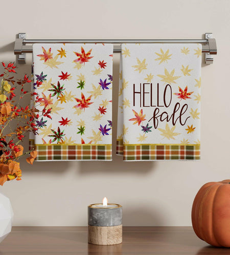 XCHI Hello Fall Watercolor Maple Leaves Plaid Dish Towels 18x26 Set of 2