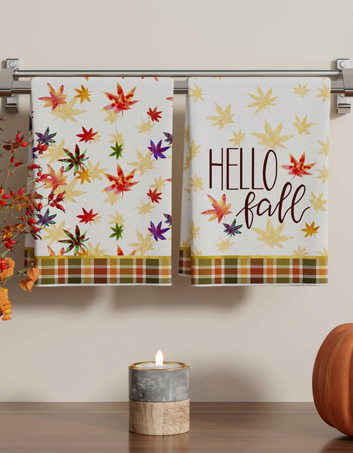 Load image into Gallery viewer, XCHI Hello Fall Watercolor Maple Leaves Plaid Dish Towels 18x26 Set of 2
