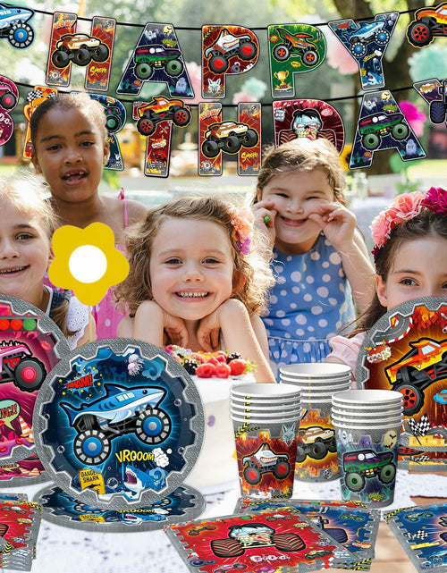 Load image into Gallery viewer, [Like New] VIZOZEN Truck Birthday Party Supplies Tablecloth Banner Plates Napkins Cups
