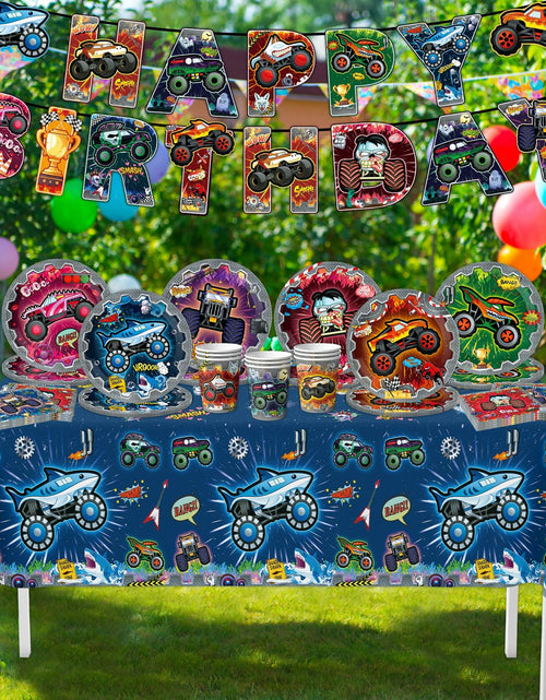Load image into Gallery viewer, [Like New] VIZOZEN Truck Birthday Party Supplies Tablecloth Banner Plates Napkins Cups
