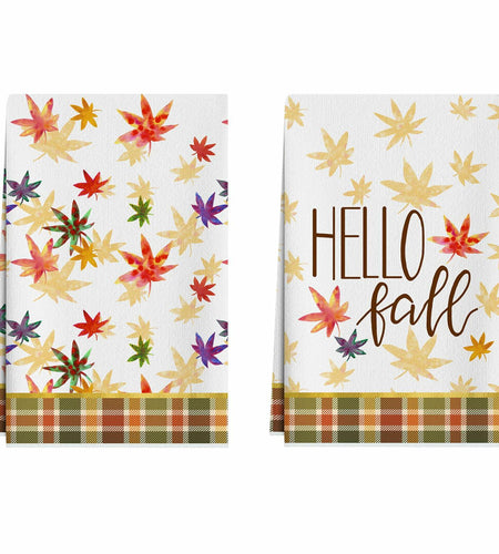 XCHI Hello Fall Watercolor Maple Leaves Plaid Dish Towels 18x26 Set of 2