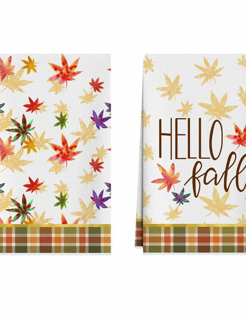 Load image into Gallery viewer, XCHI Hello Fall Watercolor Maple Leaves Plaid Dish Towels 18x26 Set of 2
