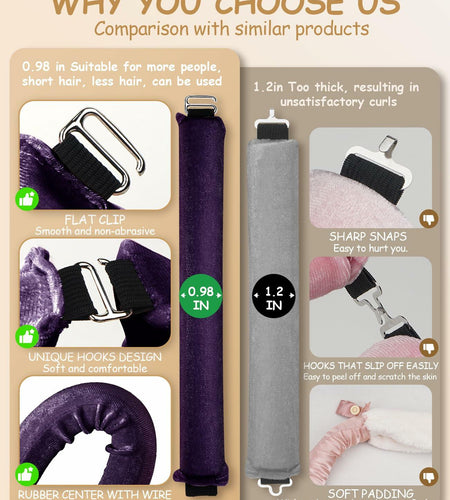BLAAROOM Overnight Heatless Hair Curler Satin Velvet Jumbo Rods 3pcs Purple