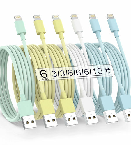 SISXSO 6Pack Apple MFi Lightning Cable Fast Charging Multicolor 3/3/6/6/6/10FT