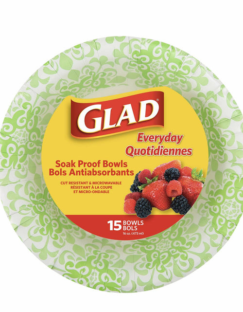 Load image into Gallery viewer, Glad Round Disposable Paper Bowls Green Victorian Design 16oz 15ct 6 Pack
