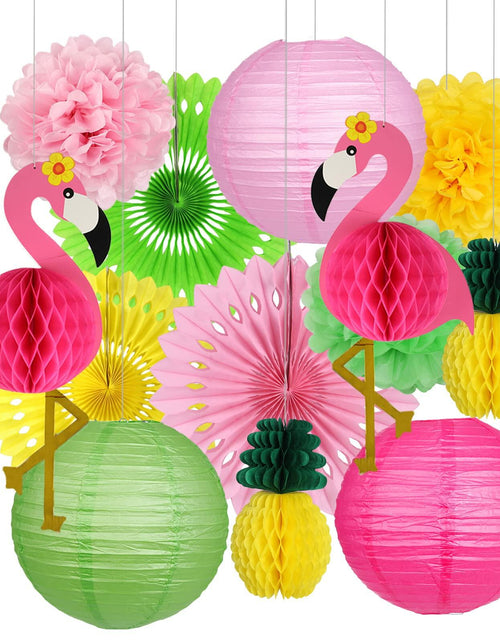 Load image into Gallery viewer, YUNXUAN Flamingo Pineapple Party Decorations Paper Lanterns Fans Pom Poms
