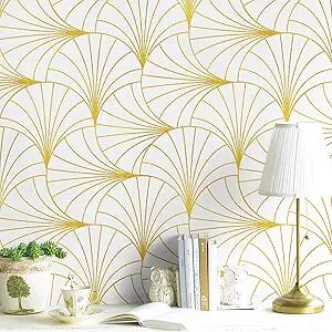 Load image into Gallery viewer, Safiyya Peel &amp; Stick Wallpaper 393x17.3in Gold White Geometric Stripe Vinyl

