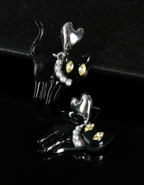Load image into Gallery viewer, OFGOT7 Black Cat Halloween Pearl Dangle Earrings Metal Jewelry for Women
