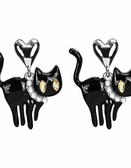 Load image into Gallery viewer, OFGOT7 Black Cat Halloween Pearl Dangle Earrings Metal Jewelry for Women
