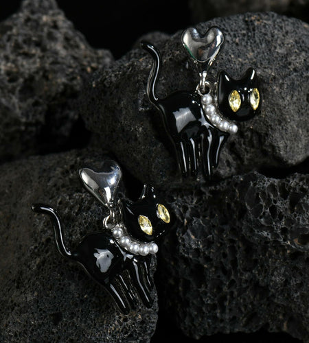 OFGOT7 Black Cat Halloween Pearl Dangle Earrings Metal Jewelry for Women