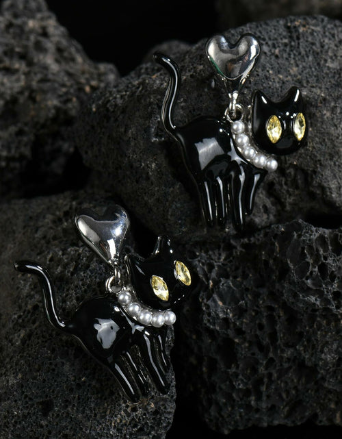 Load image into Gallery viewer, OFGOT7 Black Cat Halloween Pearl Dangle Earrings Metal Jewelry for Women
