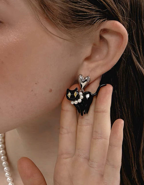 Load image into Gallery viewer, OFGOT7 Black Cat Halloween Pearl Dangle Earrings Metal Jewelry for Women
