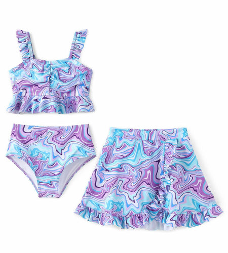PATPAT Girls 3pcs Swimsuit Set Floral Bikini w/ Cover Up Skirt 7-8Y Blue