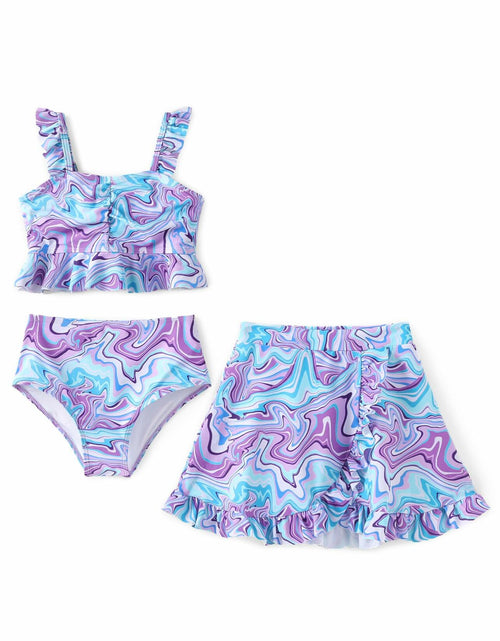 Load image into Gallery viewer, PATPAT Girls 3pcs Swimsuit Set Floral Bikini w/ Cover Up Skirt 7-8Y Blue
