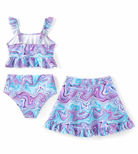 PATPAT Girls 3pcs Swimsuit Set Floral Bikini w/ Cover Up Skirt 7-8Y Blue