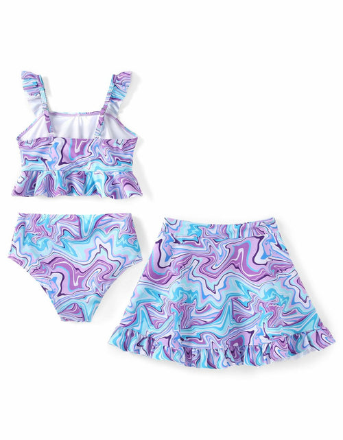 Load image into Gallery viewer, PATPAT Girls 3pcs Swimsuit Set Floral Bikini w/ Cover Up Skirt 7-8Y Blue
