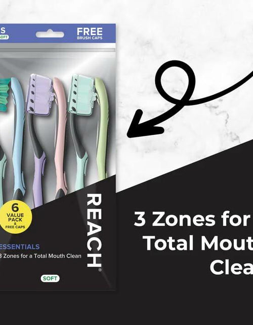 Load image into Gallery viewer, Reach Essentials Toothbrush Soft Bristles Contoured Handle Tongue Scraper 6Count
