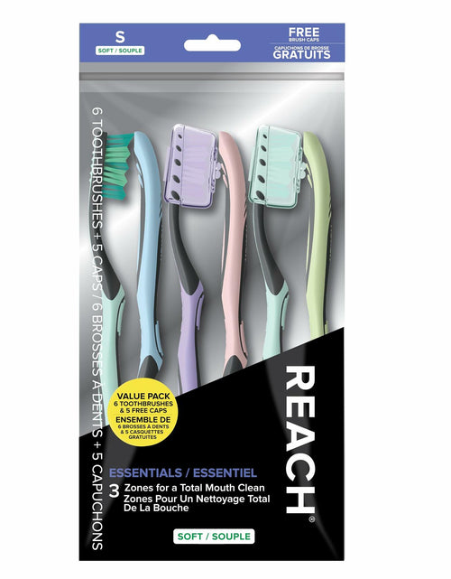 Load image into Gallery viewer, Reach Essentials Toothbrush Soft Bristles Contoured Handle Tongue Scraper 6Count
