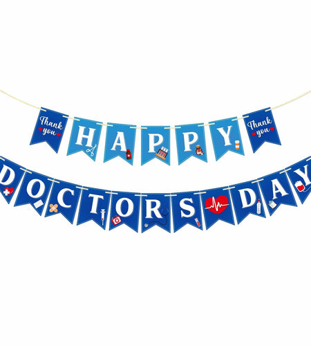 Qttier National Doctor's Day Banner Blue Cardstock Pre-strung Party Decor