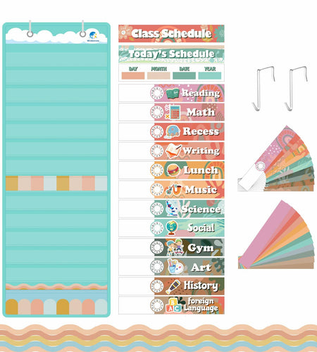 Wisdomsea Pocket Chart Classroom Blue 39 Double-Sided Erasable Cards