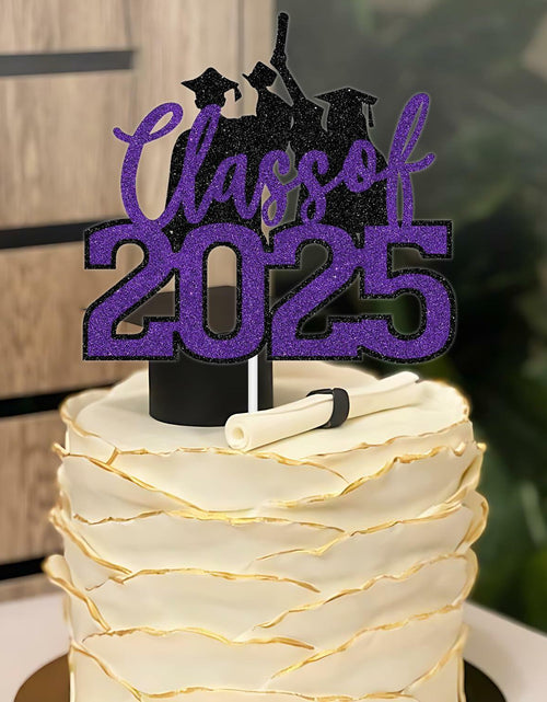 Load image into Gallery viewer, RLXPT Class of 2025 Cake Topper Congrats Grad Black Purple Glitter Foil
