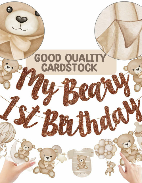 Load image into Gallery viewer, CANDY CHEF My Beary 1st Birthday Banner Set 3Pcs Brown Glitter Animals
