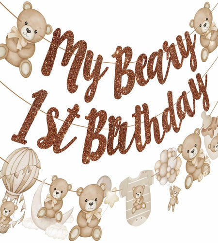 CANDY CHEF My Beary 1st Birthday Banner Set 3Pcs Brown Glitter Animals