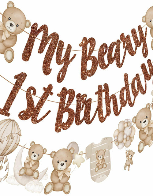 Load image into Gallery viewer, CANDY CHEF My Beary 1st Birthday Banner Set 3Pcs Brown Glitter Animals
