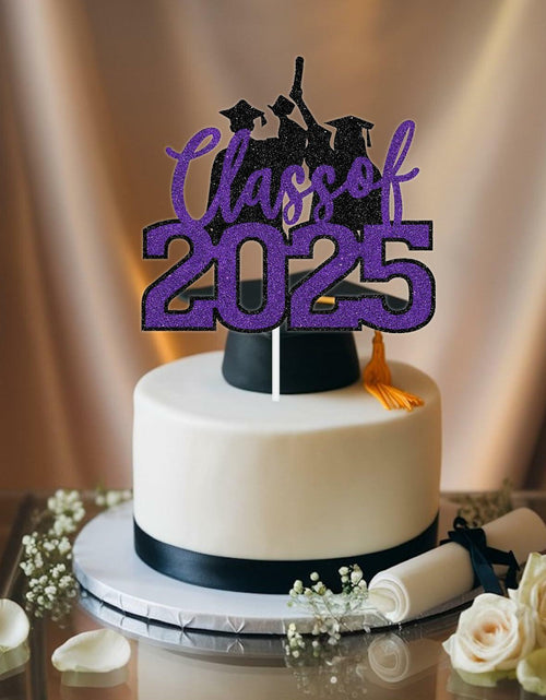 Load image into Gallery viewer, RLXPT Class of 2025 Cake Topper Congrats Grad Black Purple Glitter Foil
