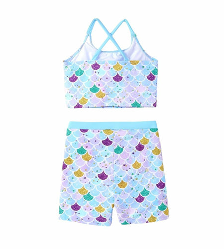 PATPAT Girls 2-Piece Tankini Swimsuit Set Sky Blue Fish Mermaid Size 10-11