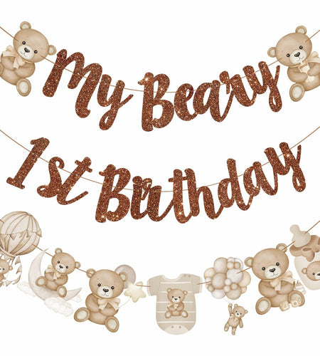 CANDY CHEF My Beary 1st Birthday Banner Set 3Pcs Brown Glitter Animals