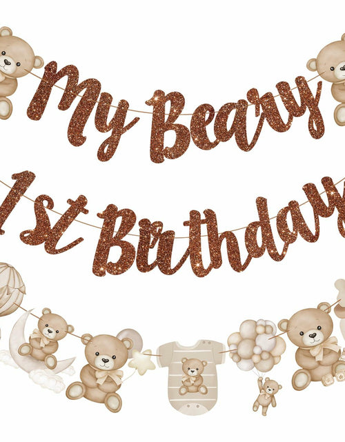 Load image into Gallery viewer, CANDY CHEF My Beary 1st Birthday Banner Set 3Pcs Brown Glitter Animals
