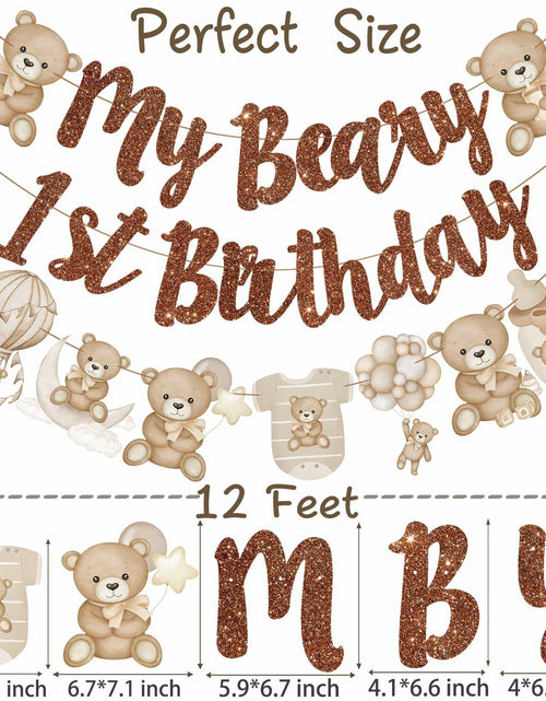 Load image into Gallery viewer, CANDY CHEF My Beary 1st Birthday Banner Set 3Pcs Brown Glitter Animals
