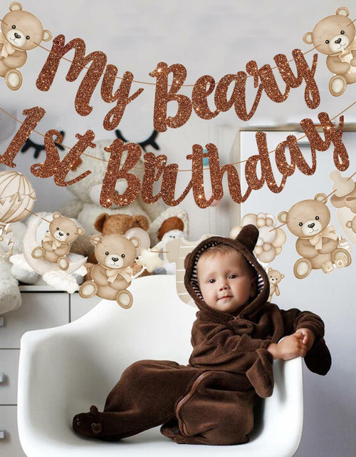Load image into Gallery viewer, CANDY CHEF My Beary 1st Birthday Banner Set 3Pcs Brown Glitter Animals
