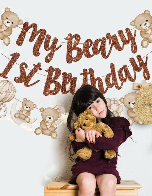 Load image into Gallery viewer, CANDY CHEF My Beary 1st Birthday Banner Set 3Pcs Brown Glitter Animals
