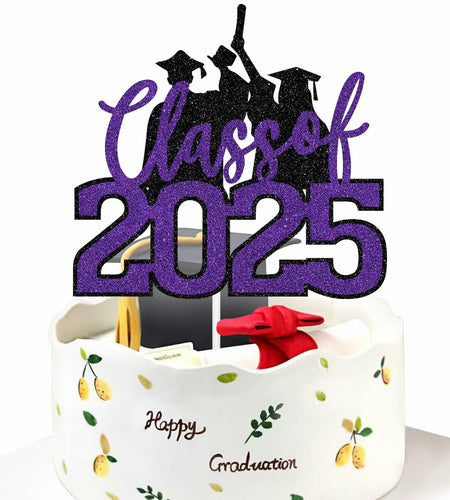RLXPT Class of 2025 Cake Topper Congrats Grad Black Purple Glitter Foil