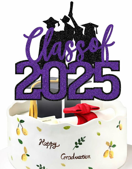 Load image into Gallery viewer, RLXPT Class of 2025 Cake Topper Congrats Grad Black Purple Glitter Foil
