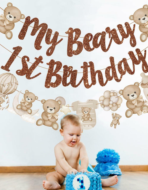 Load image into Gallery viewer, CANDY CHEF My Beary 1st Birthday Banner Set 3Pcs Brown Glitter Animals
