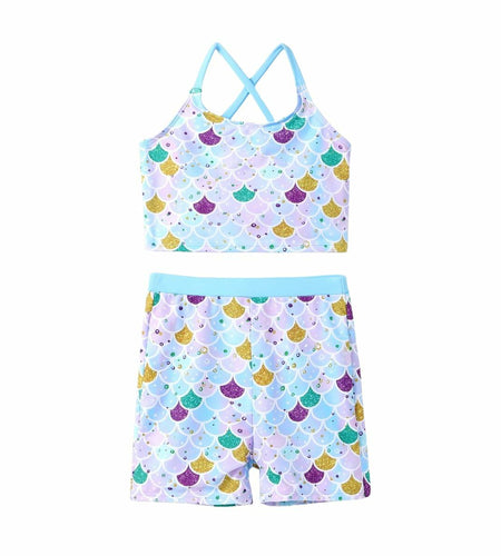 PATPAT Girls 2-Piece Tankini Swimsuit Set Sky Blue Fish Mermaid Size 10-11