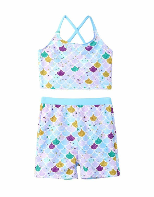 Load image into Gallery viewer, PATPAT Girls 2-Piece Tankini Swimsuit Set Sky Blue Fish Mermaid Size 10-11
