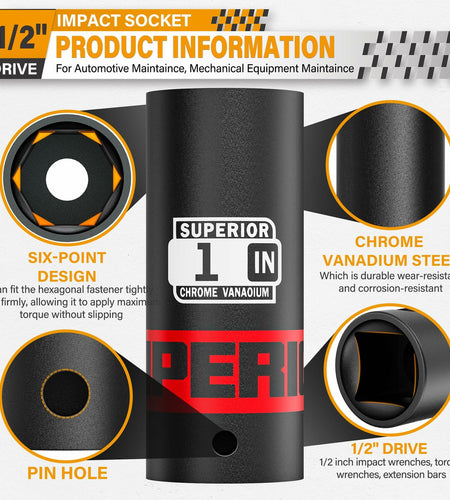 Aiourx 1/2" Drive Impact Socket 1" Deep 6 Point CR-V SAE for Car Repair