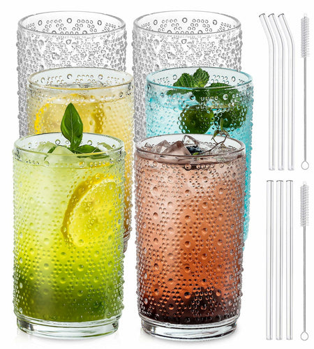 KEMORELA 6PCS Hobnail Old-Fashioned Glasses Set 15oz with Reusable Straws