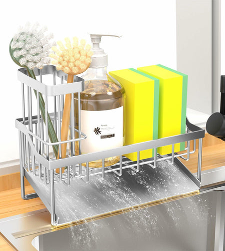 Vanwood Kitchen Sink Caddy Sponge & Brush Holder Stainless Steel Silver
