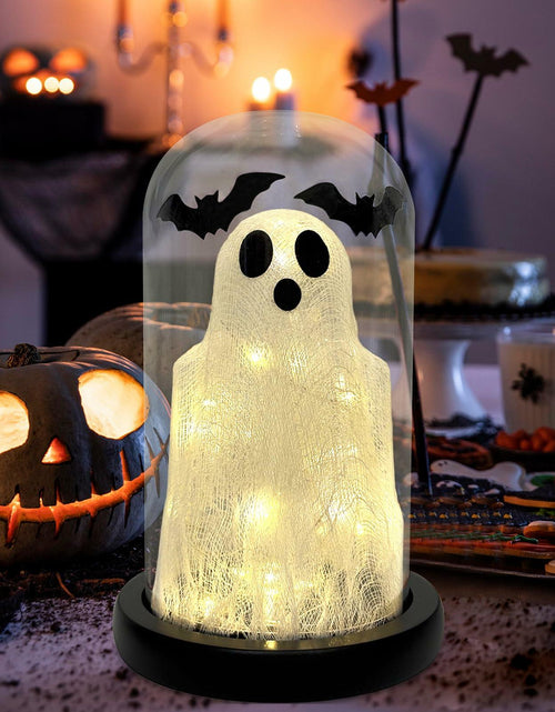 Load image into Gallery viewer, DAZONGE Lighted Ghost in Glass Dome Cloche Halloween Decor Indoor Black White
