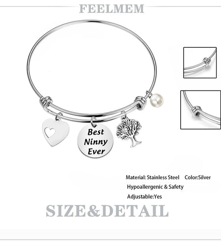FEELMEM Best Ninny Ever Family Tree Bracelet Stainless Steel Box Chain