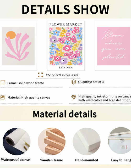 Load image into Gallery viewer, NOSUO Pink Wall Art Set of 3 Matisse Flowers Vintage Canvas 12x16 Inch Framed
