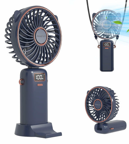 Akejrym Portable Handheld Fan 4000mAh LED Display 5 Speeds 90° Adjustable Blue