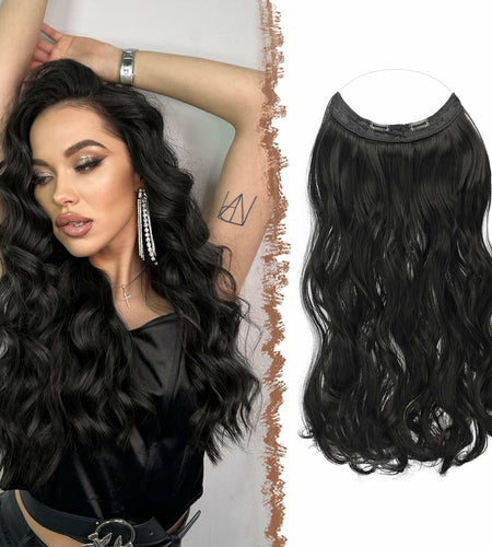 FESHFEN Invisible Wire Hair Extensions 20" Long Wavy Synthetic Black