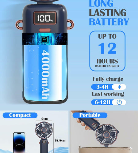 Akejrym Portable Handheld Fan 4000mAh LED Display 5 Speeds 90° Adjustable Blue