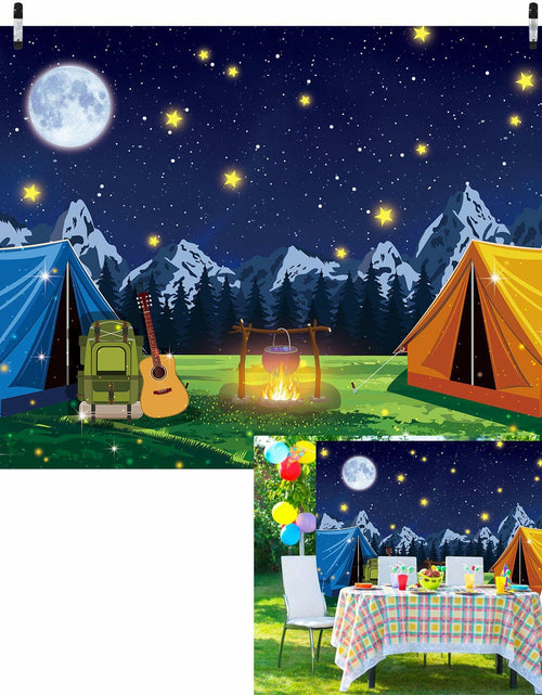 Load image into Gallery viewer, PGSWEER Camping Backdrop 7x5FT Blue Crepe Paper Campfire Mountain Banner
